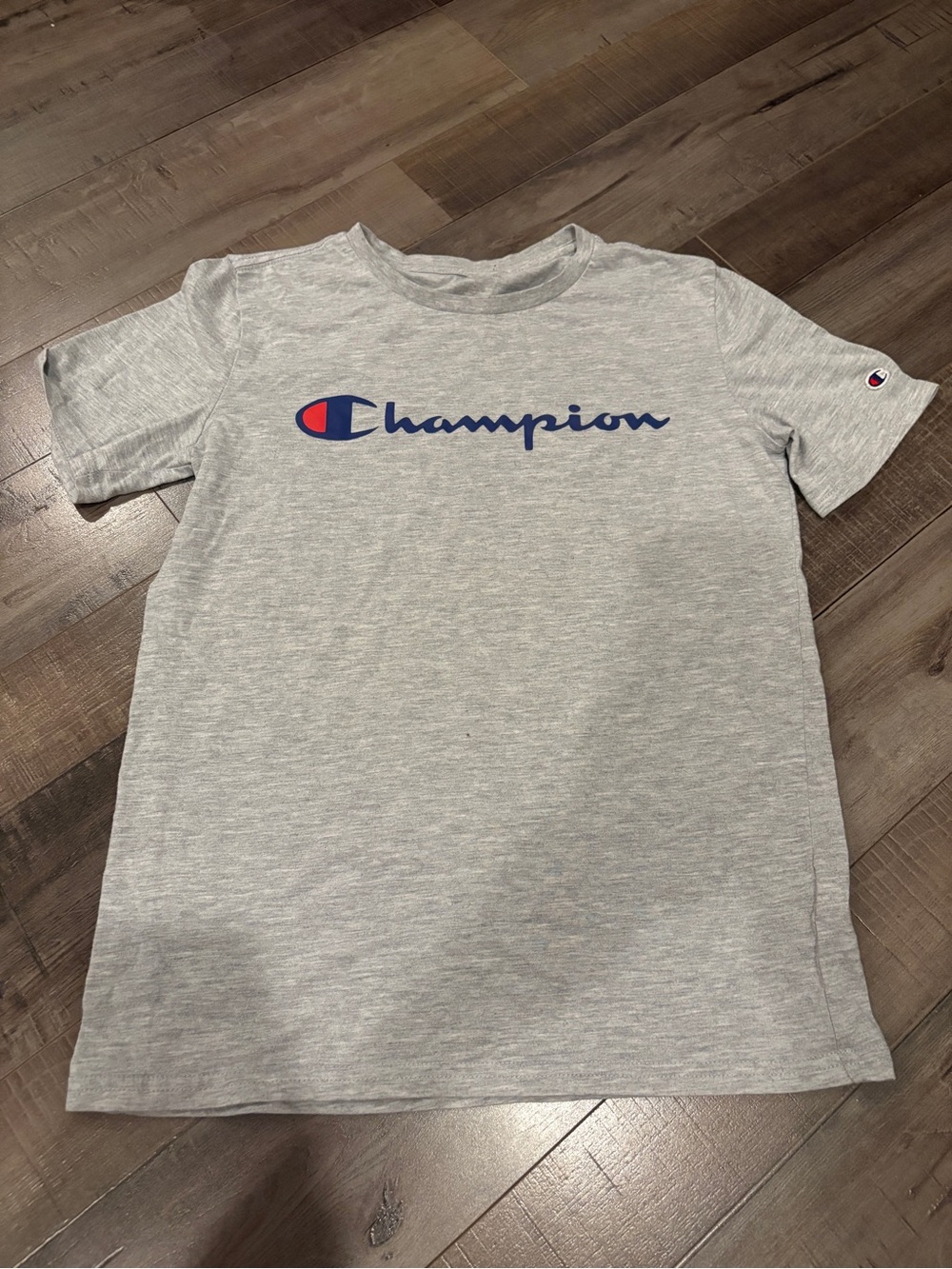 Champion Light Gray Tee with Navy & Red Logo